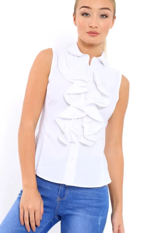 White Sleeveless Ruffle Shirt - Samarra sold by Rebellious Fashion