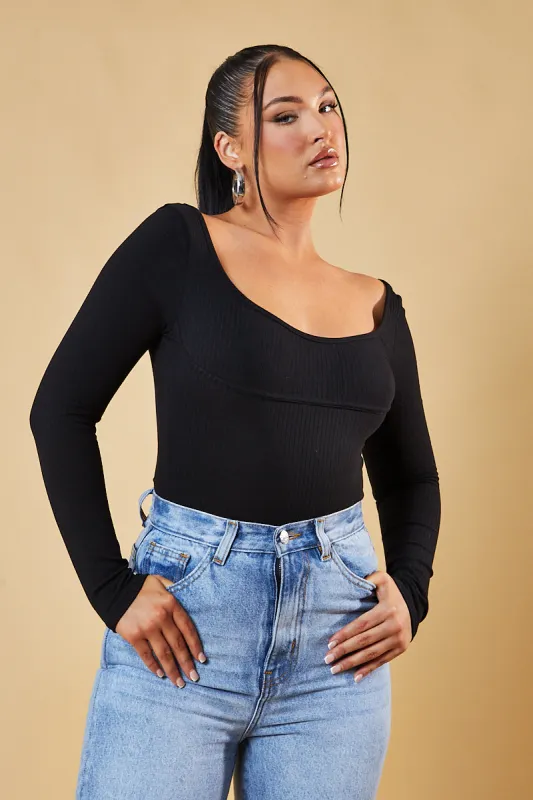 Black Rib Knit Long Sleeve Bodysuit - Vari sold by Rebellious Fashion