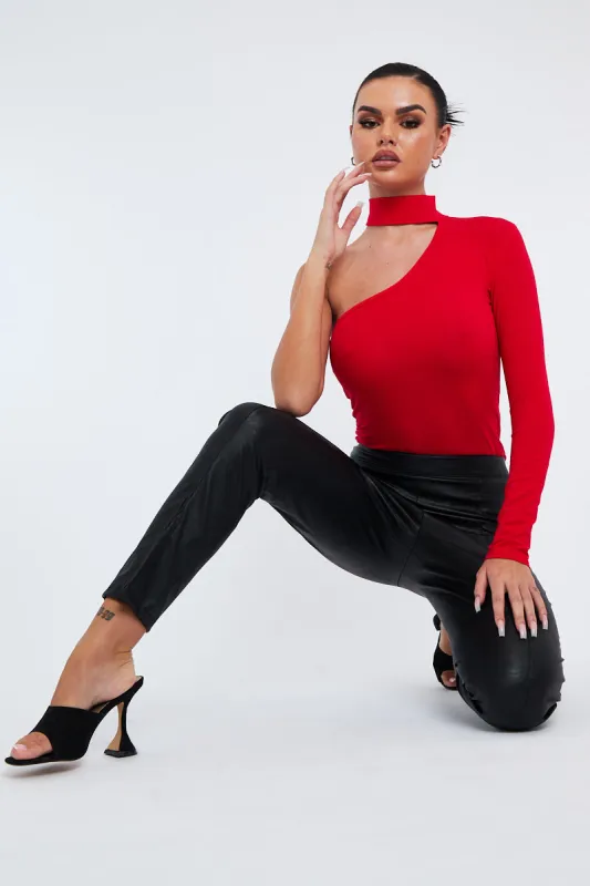 Red One Sleeve High Neck Bodysuit - Qin sold by Rebellious Fashion
