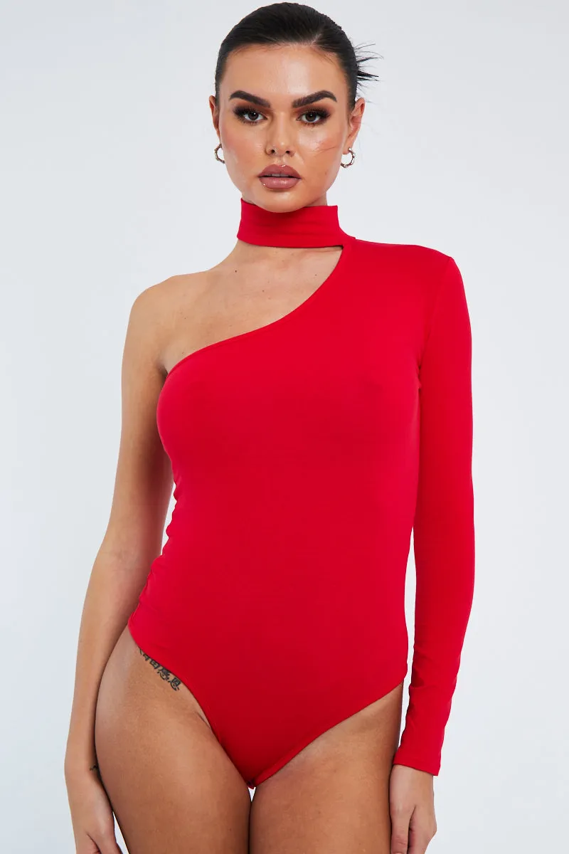 Red One Sleeve High Neck Bodysuit - Qin sold by Rebellious Fashion product image thumbnail 2