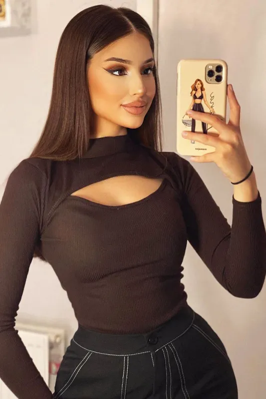 Brown Ribbed Cut Out Detail Bodysuit - Murphie sold by Rebellious Fashion