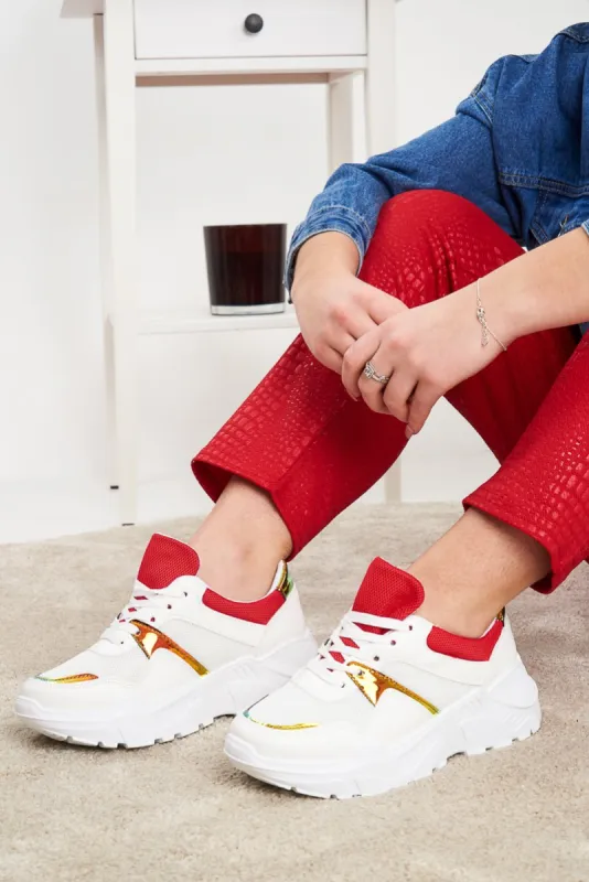 White Red Cleated Sole Lace Up Chunky Trainers - Gradie sold by Rebellious Fashion