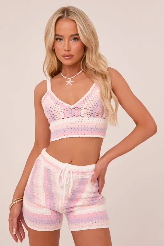 Multi Abstract Crochet Crop Top & Shorts Co-ord Set - Hattie made by Rebellious Fashion