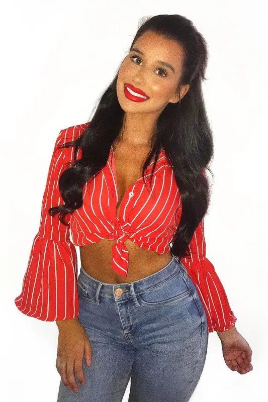 Red Stripe Bell Sleeved Shirt - Aairah sold by Rebellious Fashion