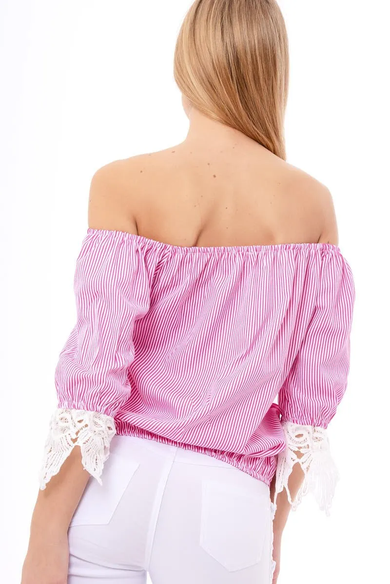 Pink Striped Crochet Trim Bardot Top - Nisha sold by Rebellious Fashion product image thumbnail 3