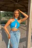 Aqua Ribbed Halter Neck Tie Detail Crop Top - Rubi sold by Rebellious Fashion