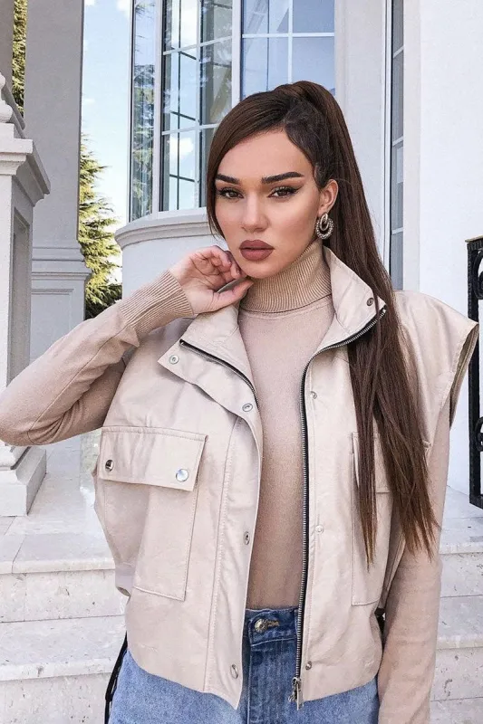 Beige Faux Leather Sleeveless Gilet Jacket - Kierstan sold by Rebellious Fashion