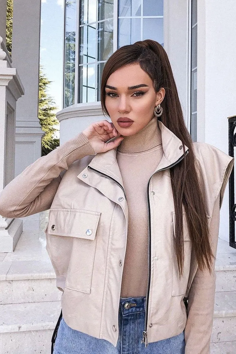 Beige Faux Leather Sleeveless Gilet Jacket - Kierstan sold by Rebellious Fashion
