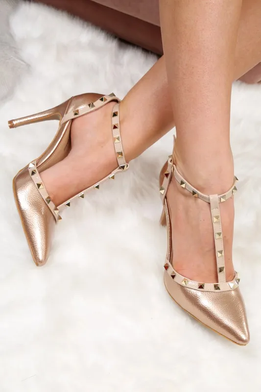 Rose Gold Studded T-Bar Court Heels - Kiri sold by Rebellious Fashion