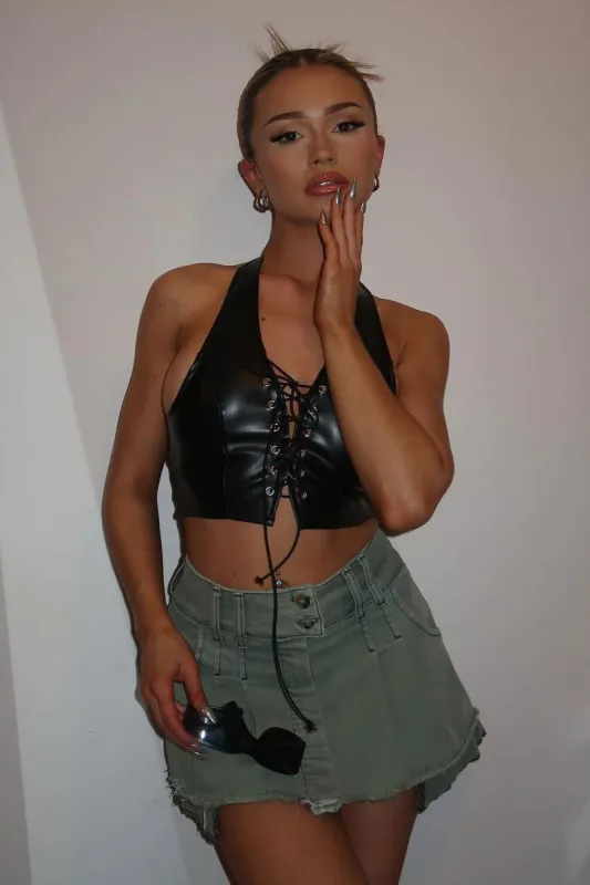 Black Faux Leather Lace Up Front Cropped Top - Mika sold by Rebellious Fashion