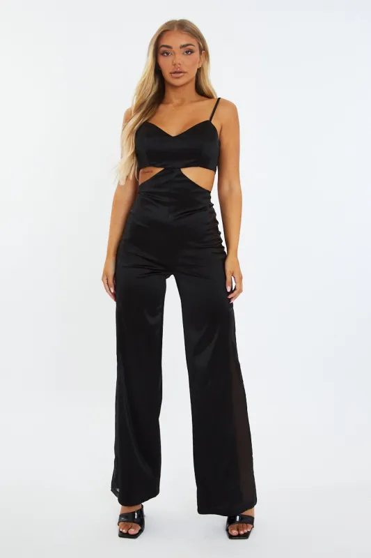 Black Satin Cut Out Fitted Jumpsuit - Sofia sold by Rebellious Fashion