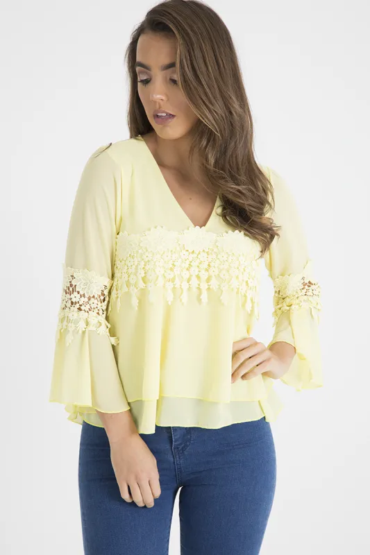 Yellow Crochet Detail Bell Sleeve Layered Top - Fiona sold by Rebellious Fashion