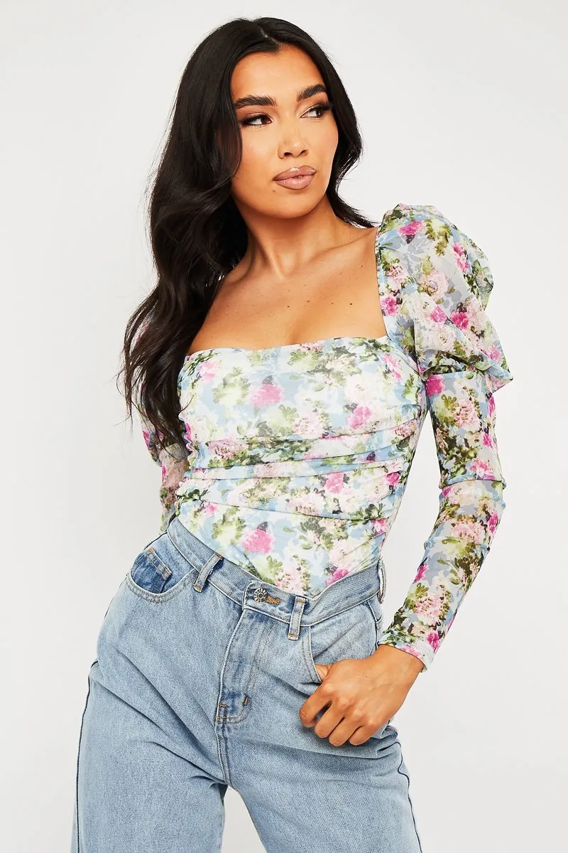 Blue Floral Puff Sleeve Bodysuit - Deana sold by Rebellious Fashion