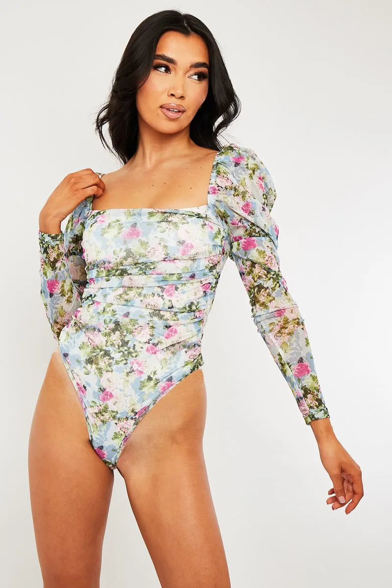 Blue Floral Puff Sleeve Bodysuit - Deana sold by Rebellious Fashion product image thumbnail 2