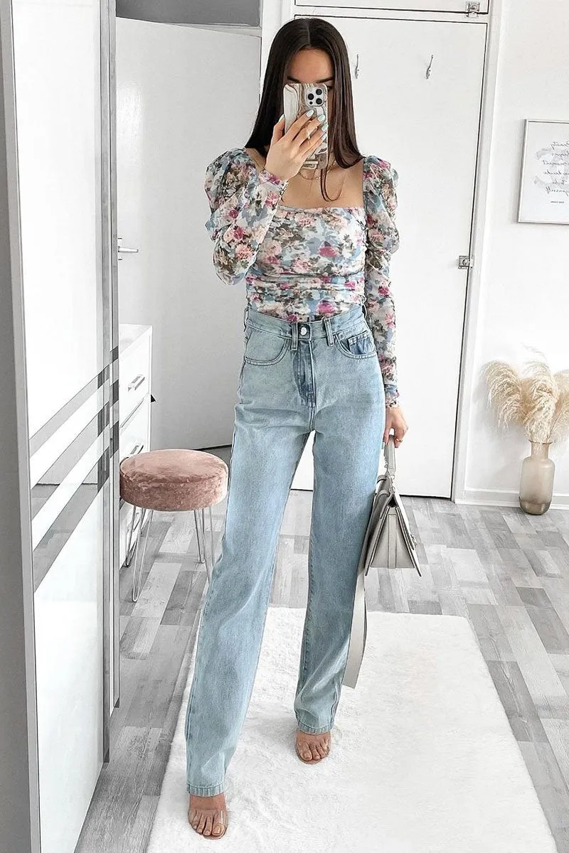 Blue Floral Puff Sleeve Bodysuit - Deana sold by Rebellious Fashion product image thumbnail 5