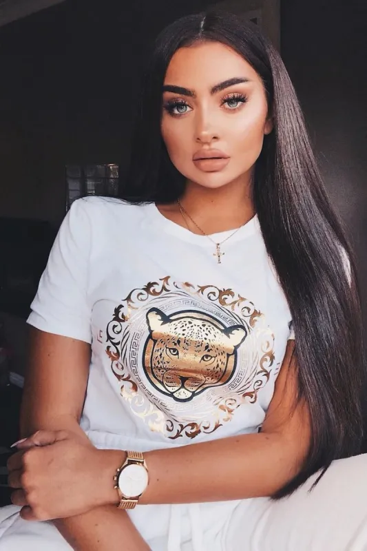 White T-Shirt with Gold Tiger Design - Fay sold by Rebellious Fashion