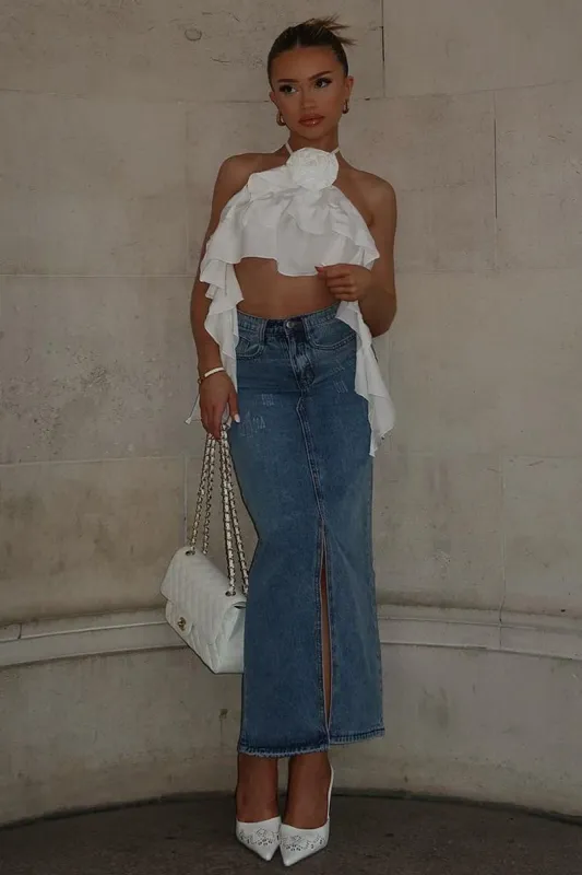 Mid Blue Front Slit Denim Maxi Skirt - Asami sold by Rebellious Fashion