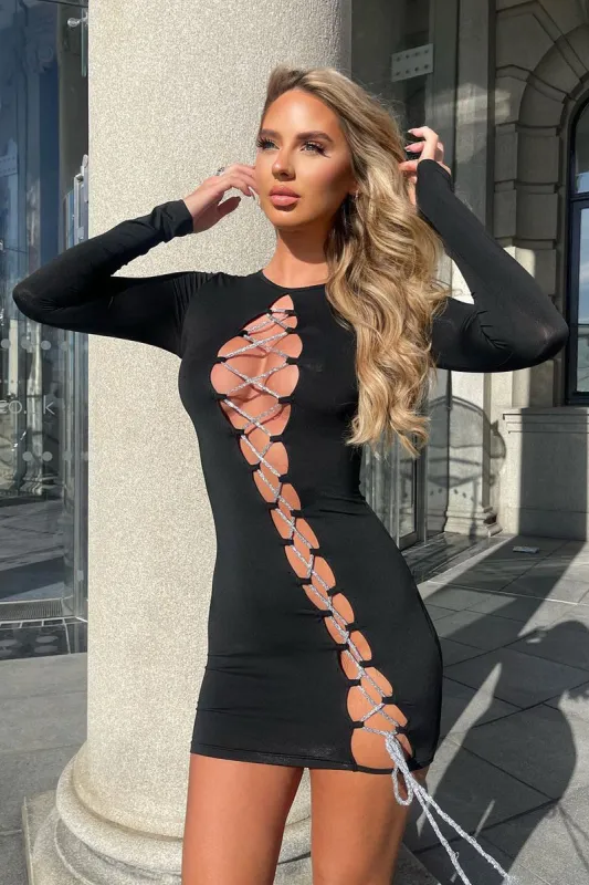 Black Lace Up Detail Long Sleeve Bodycon Mini Dress - Renho sold by Rebellious Fashion
