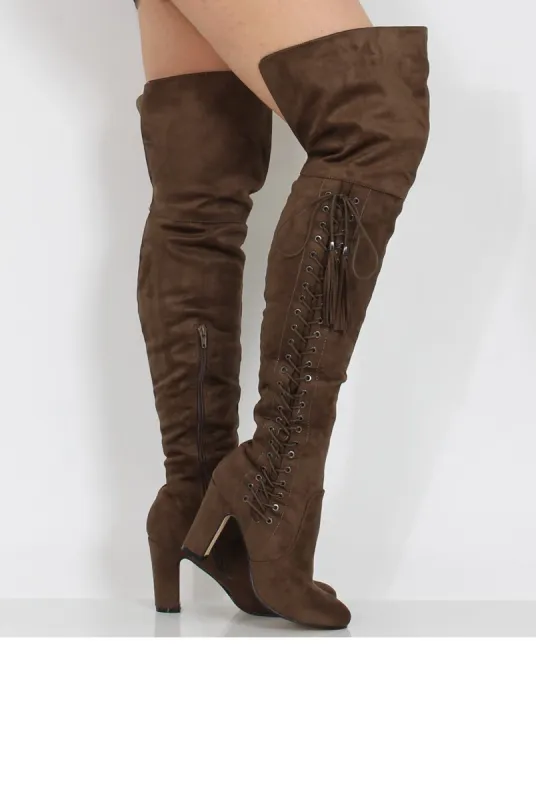 Taupe Suede Over the Knee Lace Up Detail Boots - Alora sold by Rebellious Fashion