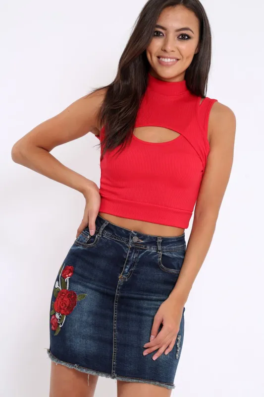 Red High Neck Cut Out Ribbed Crop Top - Jessica made by Rebellious Fashion