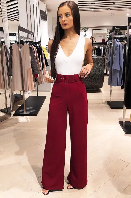 Wine Tailored Wide Leg Belted Trousers - Chenelle sold by Rebellious Fashion