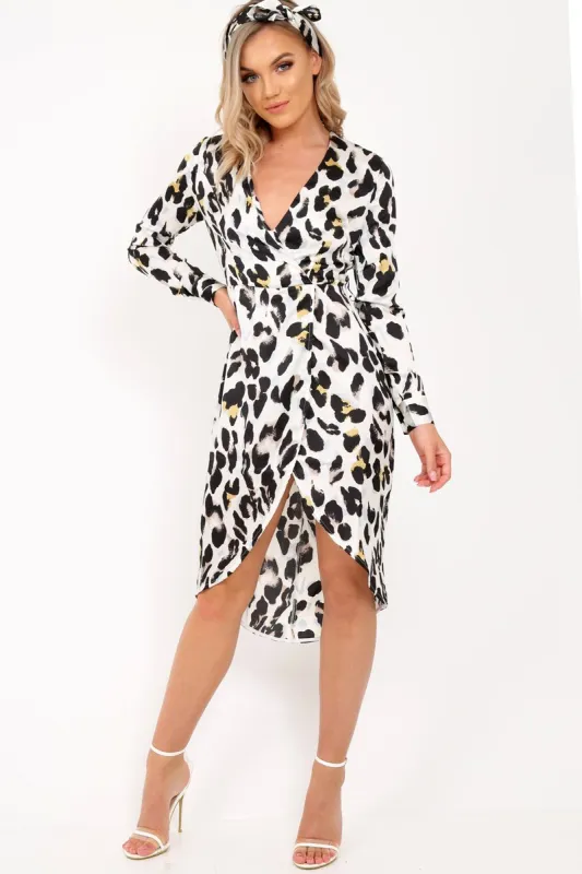 White Leopard Print Satin Belted Wrap Midi Dress - Rosine sold by Rebellious Fashion