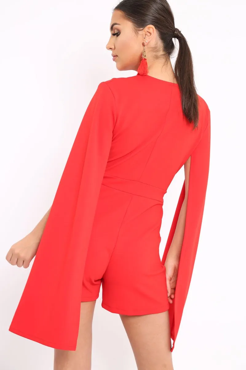 Red Extreme Plunge Cape Playsuit - Haylo sold by Rebellious Fashion product image thumbnail 4