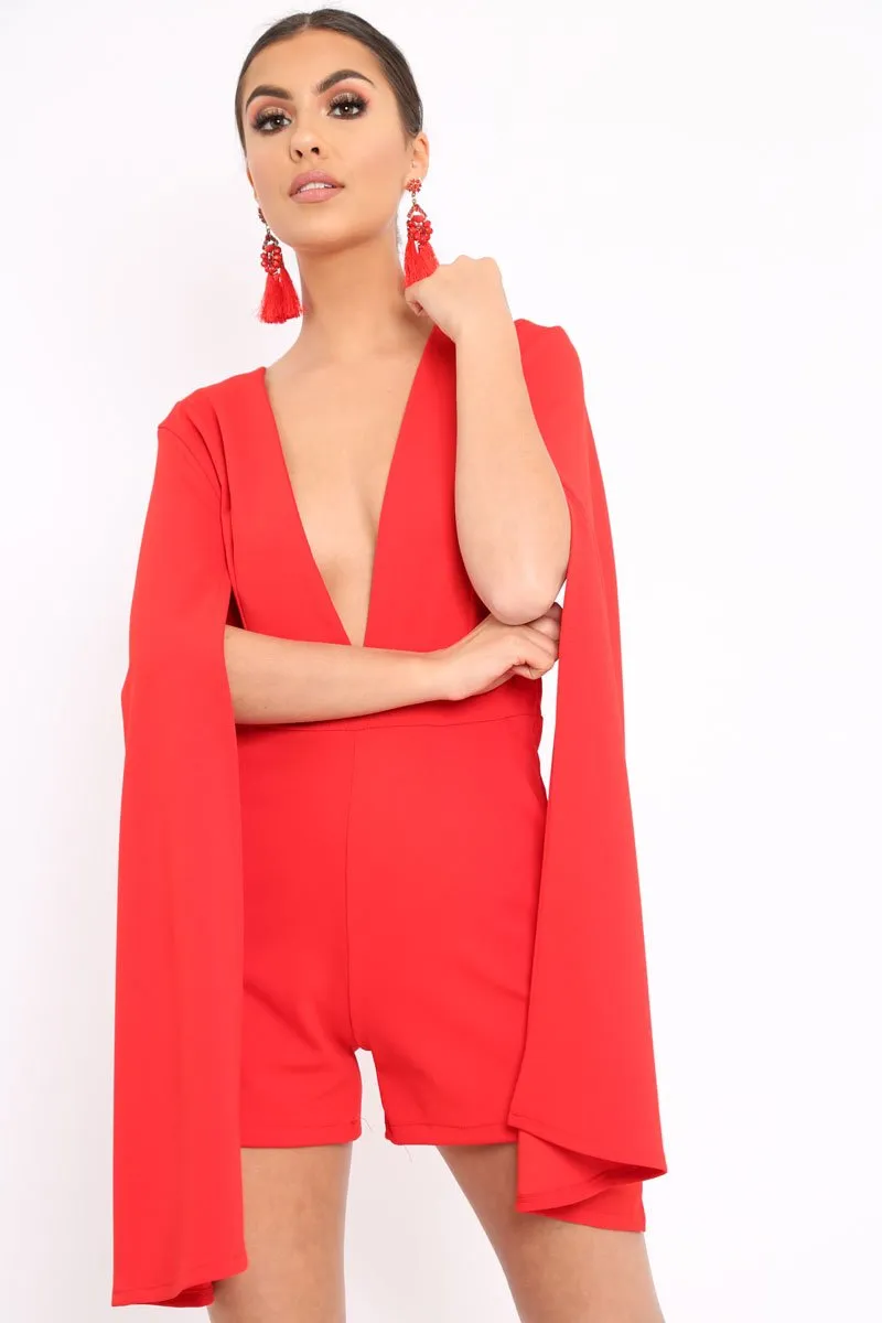 Red Extreme Plunge Cape Playsuit - Haylo sold by Rebellious Fashion product image thumbnail 2
