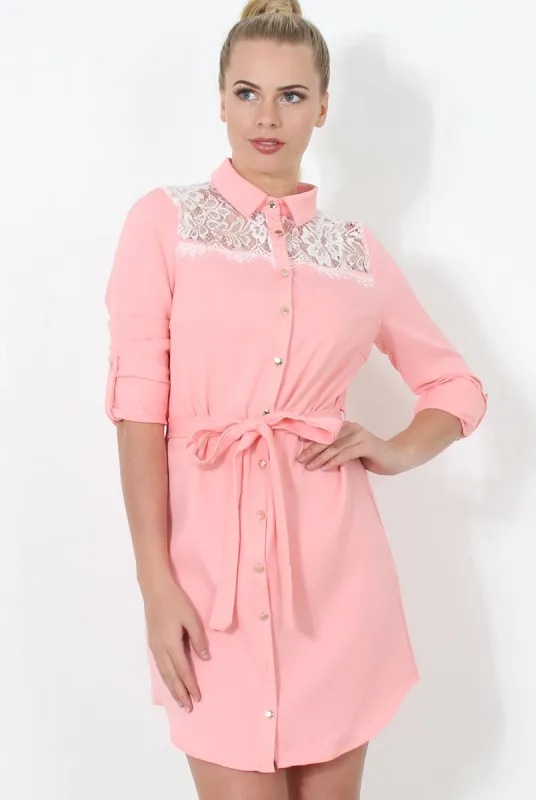 Pink Lace Detail Shirt Dress- Elvi sold by Rebellious Fashion