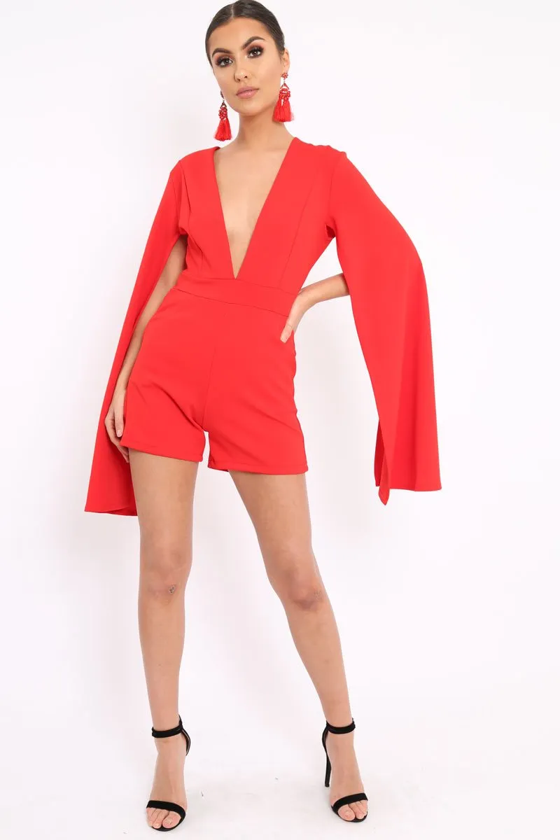 Red Extreme Plunge Cape Playsuit - Haylo sold by Rebellious Fashion product image thumbnail 3