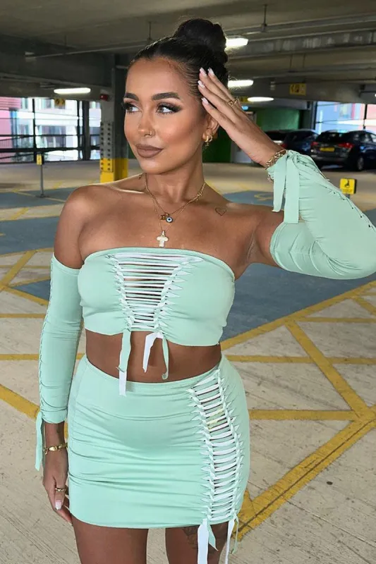 Sage Knot Detail Bandeau Cropped Top & Mini Skirt Set - Piu sold by Rebellious Fashion