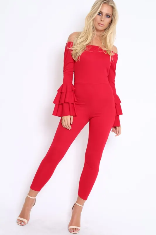 Red Bardot Jumpsuit with Tiered Flared Sleeves - Vivianne sold by Rebellious Fashion