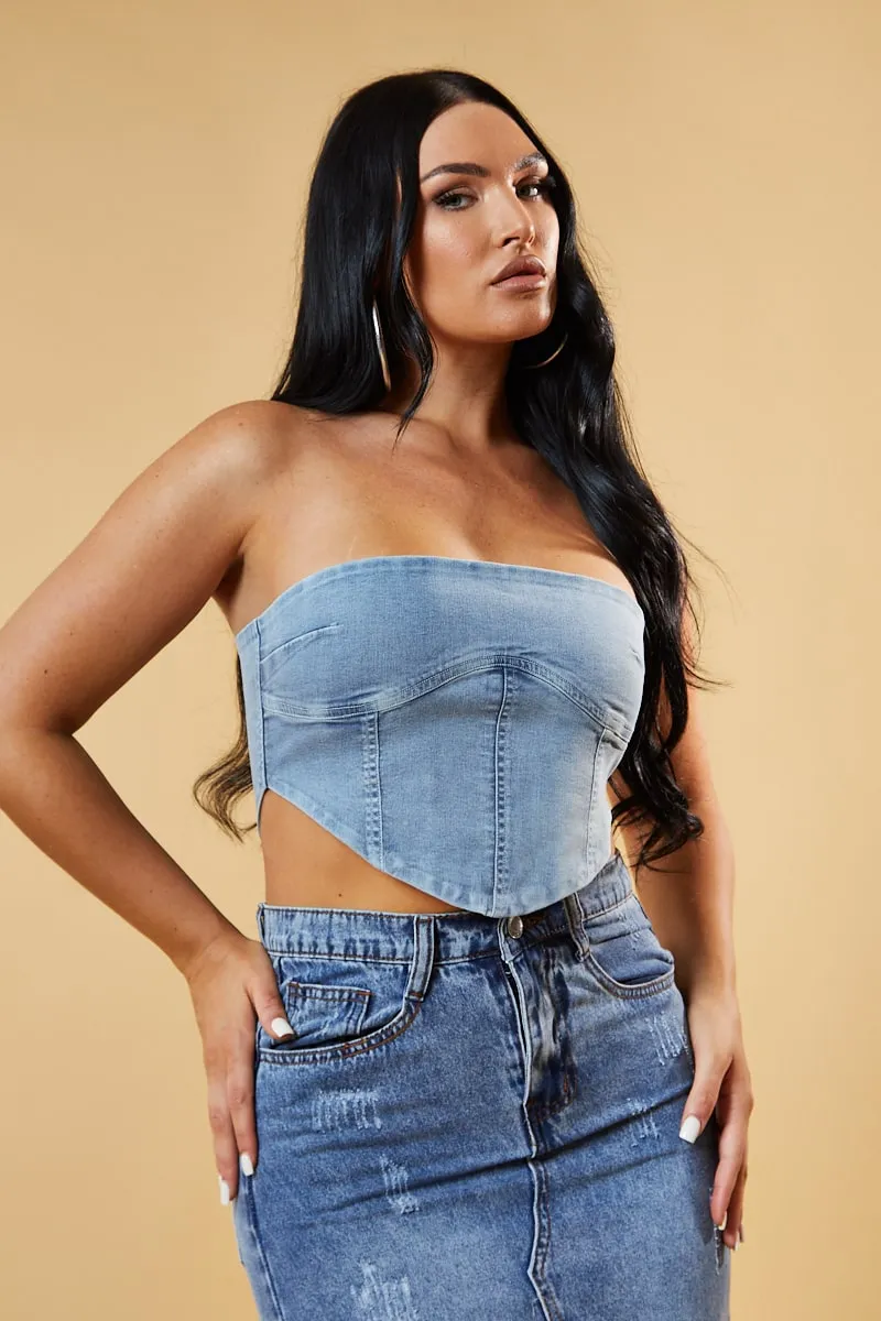 Light Blue Denim Bandeau Corset Detail Cropped Top - Sanvi sold by Rebellious Fashion product image thumbnail 2