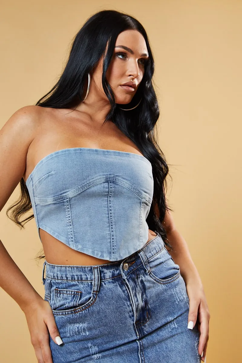 Light Blue Denim Bandeau Corset Detail Cropped Top - Sanvi sold by Rebellious Fashion product image thumbnail 4