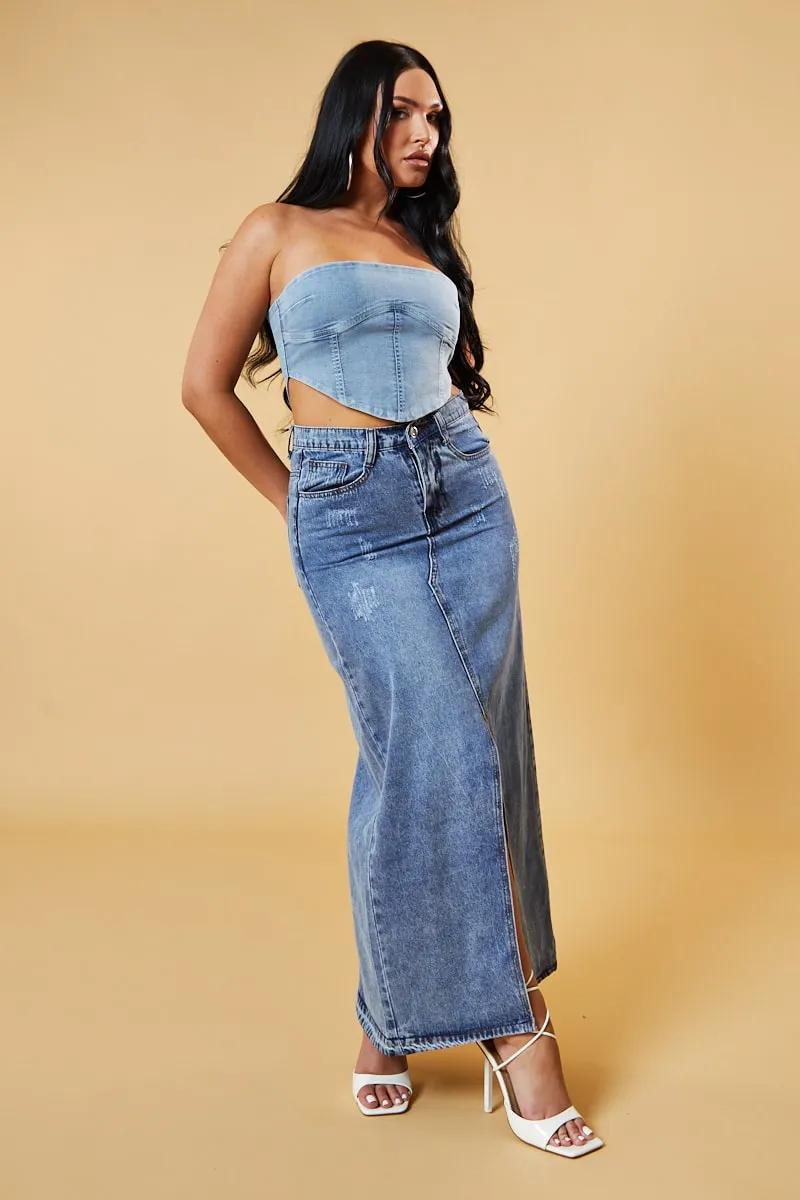 Light Blue Denim Bandeau Corset Detail Cropped Top - Sanvi sold by Rebellious Fashion product image thumbnail 3