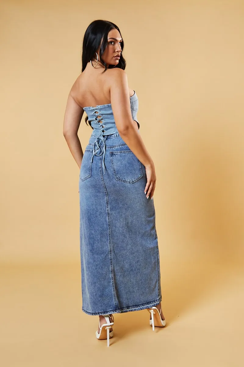 Light Blue Denim Bandeau Corset Detail Cropped Top - Sanvi sold by Rebellious Fashion product image thumbnail 5