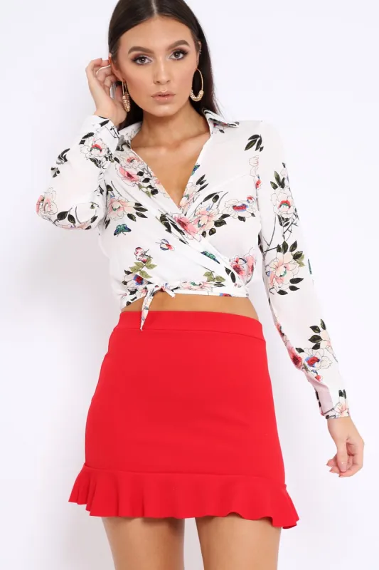 White Floral Print Tie Front Crop Top - Aden sold by Rebellious Fashion