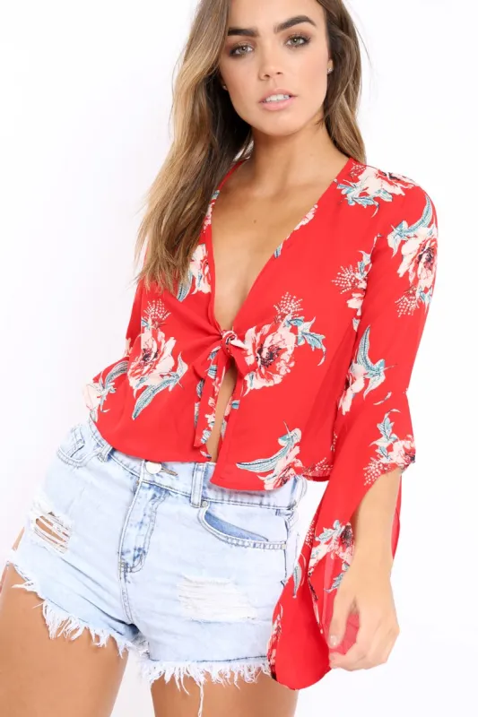 Red Floral Tie Crop Blouse - Floy sold by Rebellious Fashion