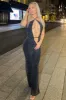 Black Glitter Halter Neck Cut Out Wide Leg Jumpsuit - Evie sold by Rebellious Fashion