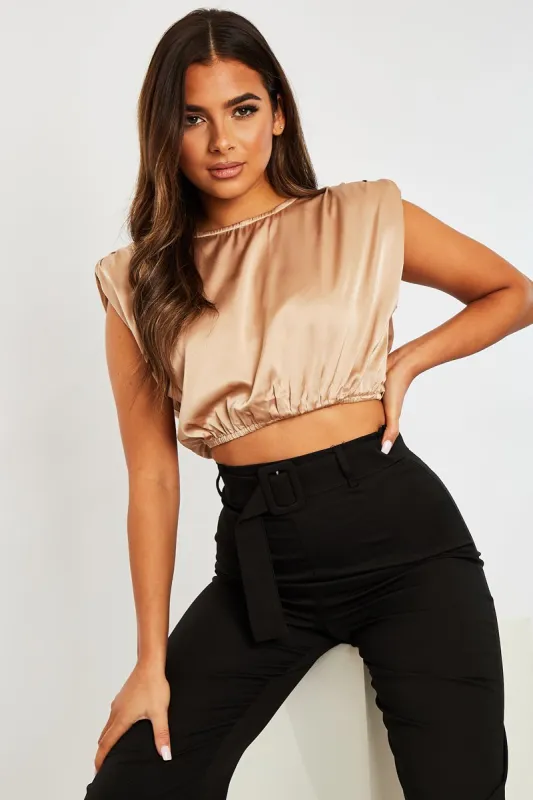 Beige Satin Ruched Shoulder Pad Crop Top - Darina sold by Rebellious Fashion