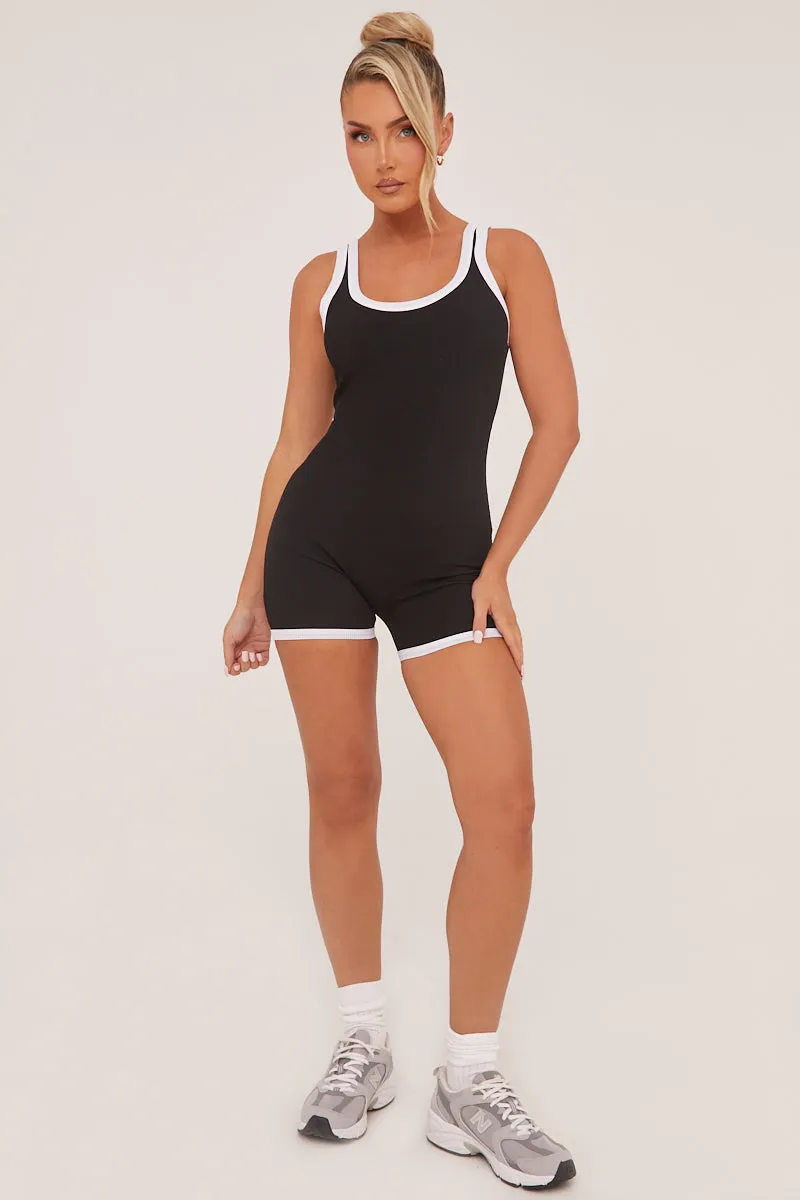 Black Contrast Binding Scoop Neck Unitard - Myra sold by Rebellious Fashion