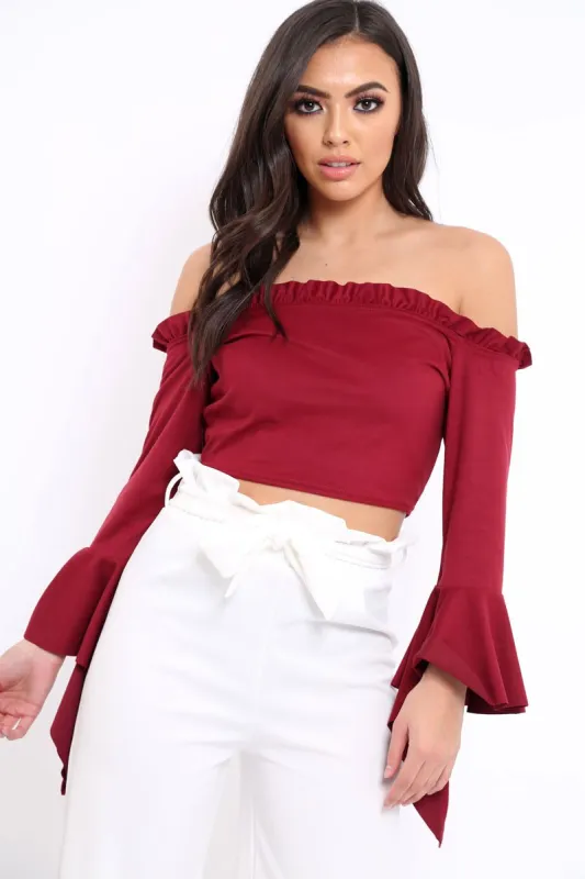 Wine Faux Suede Bardot Frill Crop Top with Flared Sleeves - Tiffy sold by Rebellious Fashion