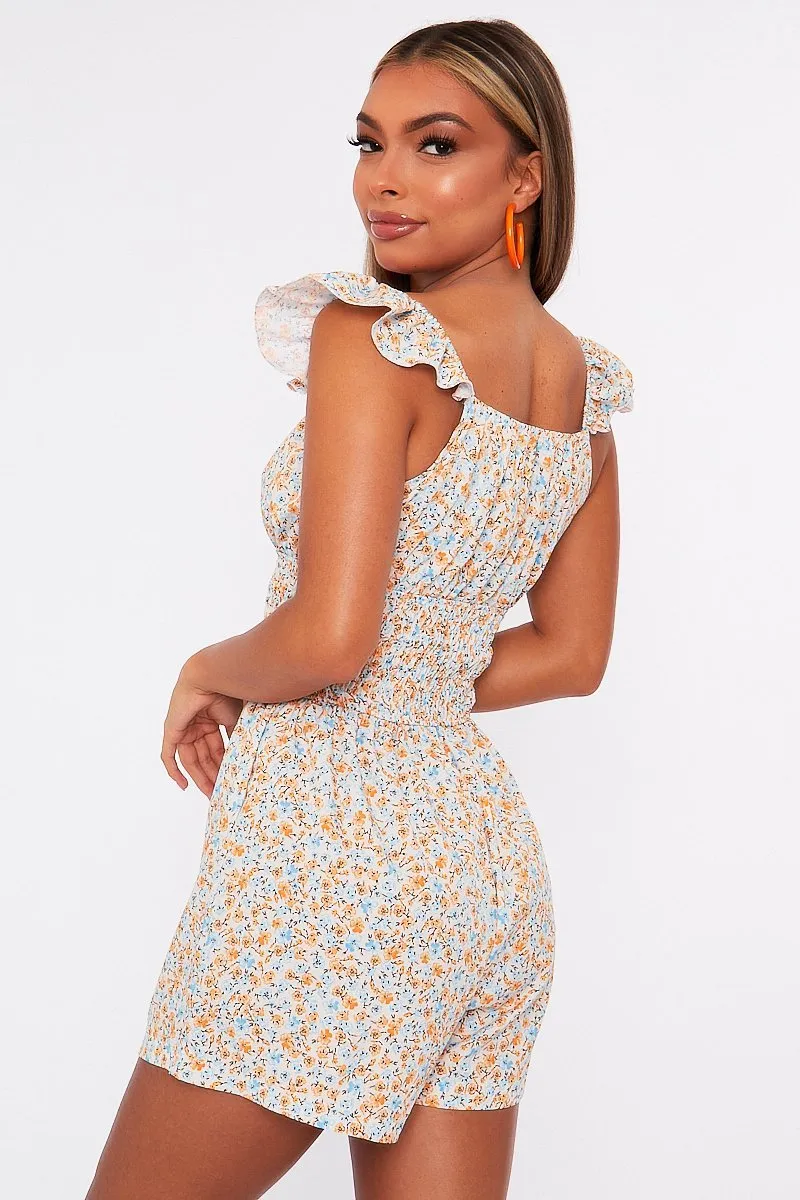 Floral Shirred Style Short Sleeve Cream Playsuit - Nelsy sold by Rebellious Fashion product image thumbnail 3