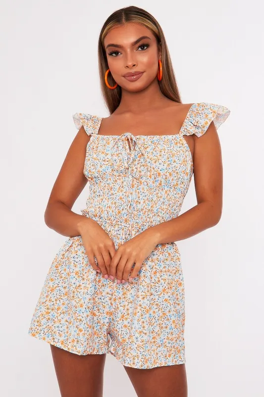 Floral Shirred Style Short Sleeve Cream Playsuit - Nelsy sold by Rebellious Fashion