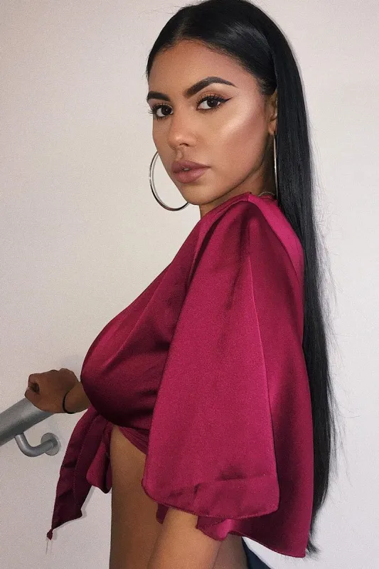 Wine Satin Tie Crop Top - Alara sold by Rebellious Fashion