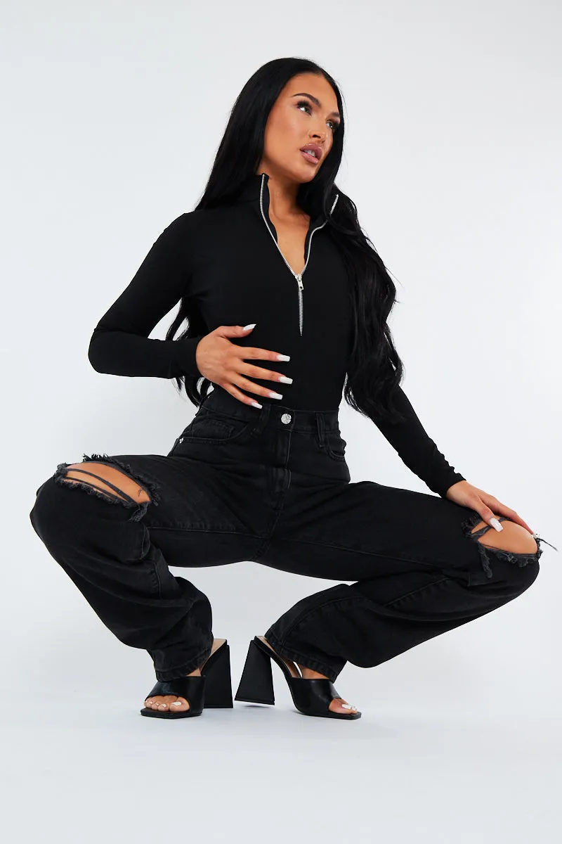 Charcoal Denim Distressed Knee Extra Long Jeans - Ivelisse sold by Rebellious Fashion