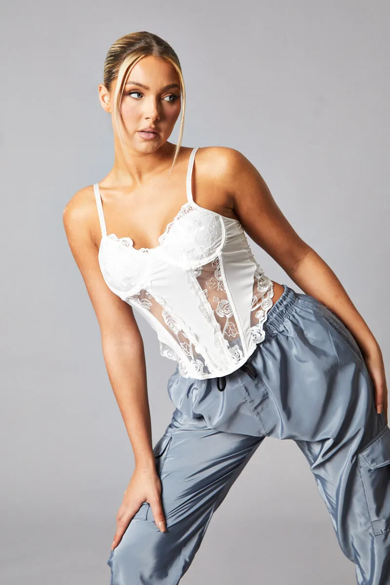 White Mesh Lace Floral Embroidered Corset Detail Top - Takara sold by Rebellious Fashion product image thumbnail 2