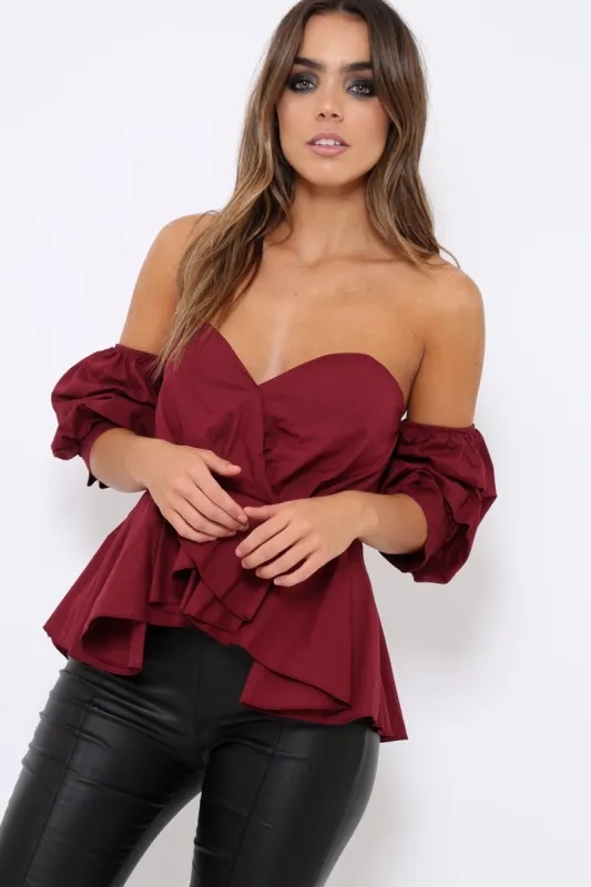 Wine Sweet Heart Bardot Top with Ruched Sleeves - Kinza sold by Rebellious Fashion