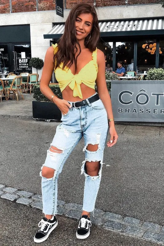 Yellow Frill Tie Front Crop Top - Adali sold by Rebellious Fashion