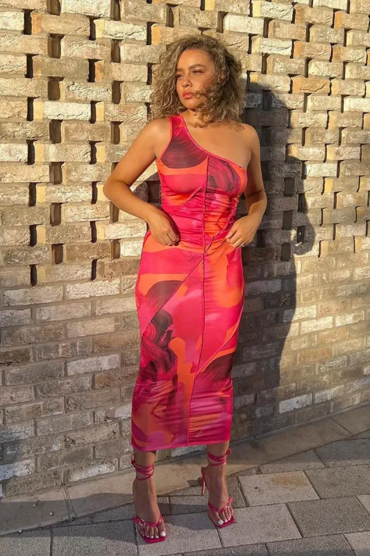 Multi Abstract Print One Shoulder Midi Dress - Pearl sold by Rebellious Fashion